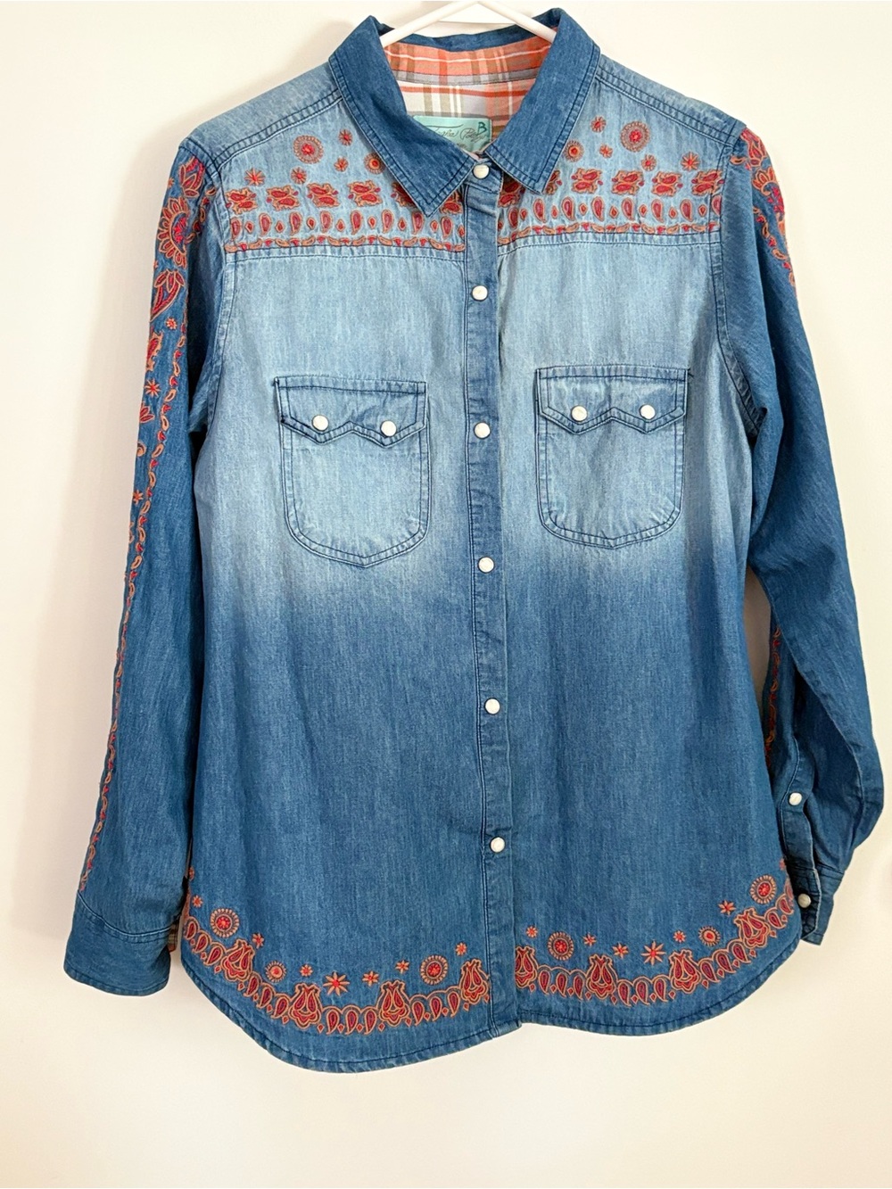 Tasha Polizzi Blue Denim Button-Down Shirt with Red Embroidery